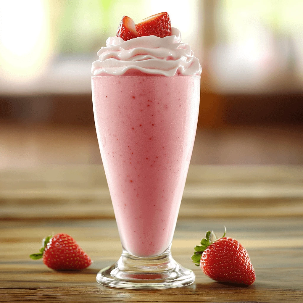 A tall glass of strawberry smoothie topped with whipped cream and fresh strawberry slices.