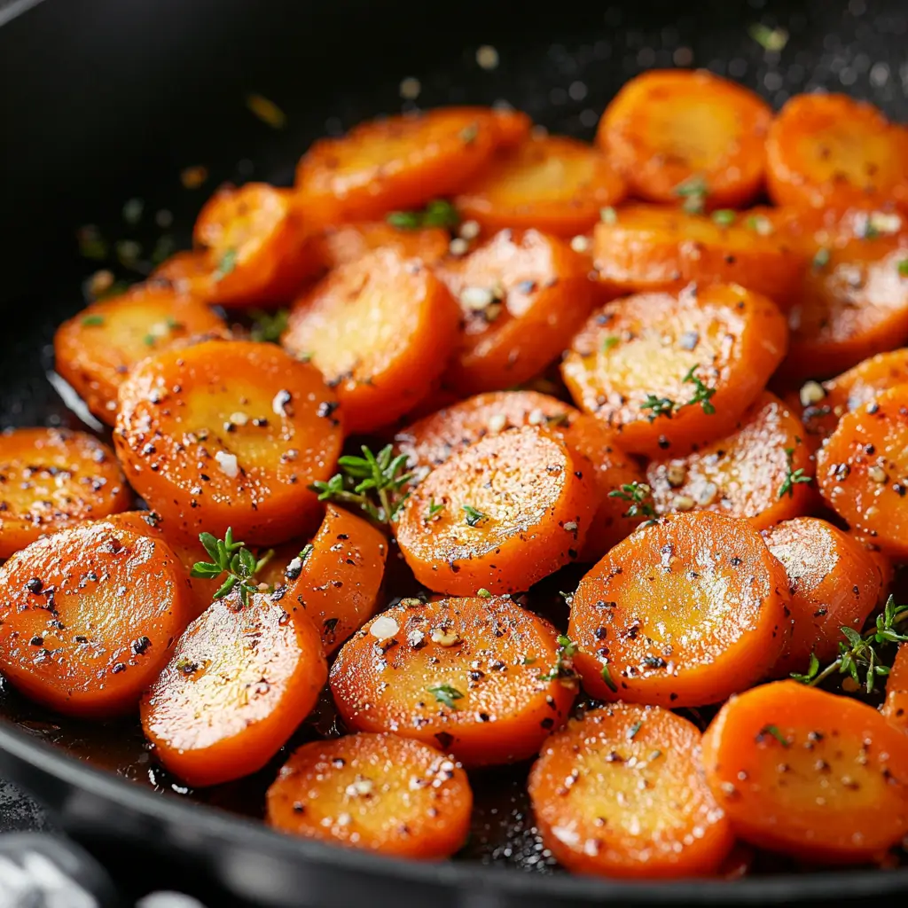 Golden-brown sautéed carrots in a black skillet, seasoned with black pepper, garlic, and fresh thyme.