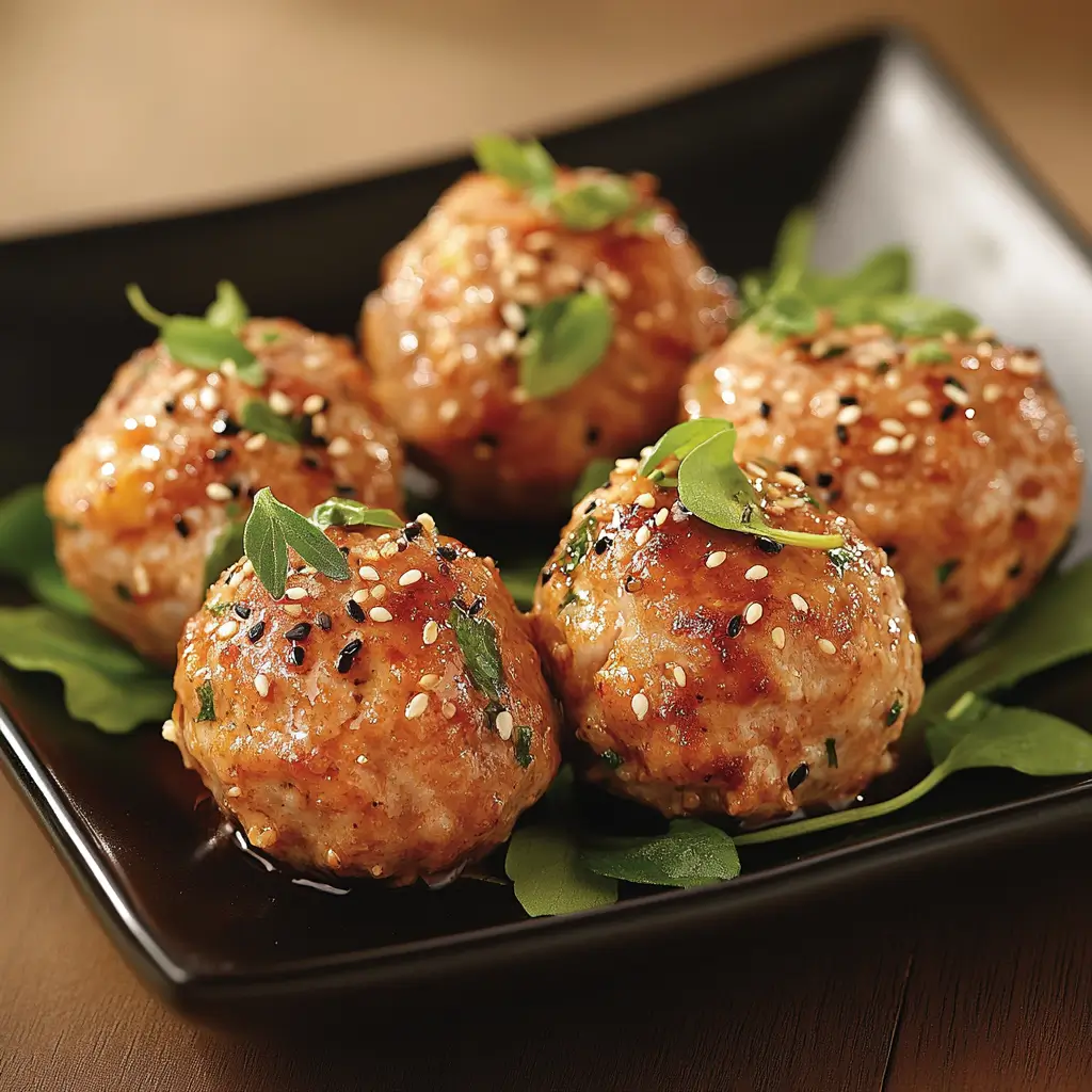 Glazed Amylu Chicken Meatballs garnished with sesame seeds and microgreens, served on a black plate over fresh greens.
