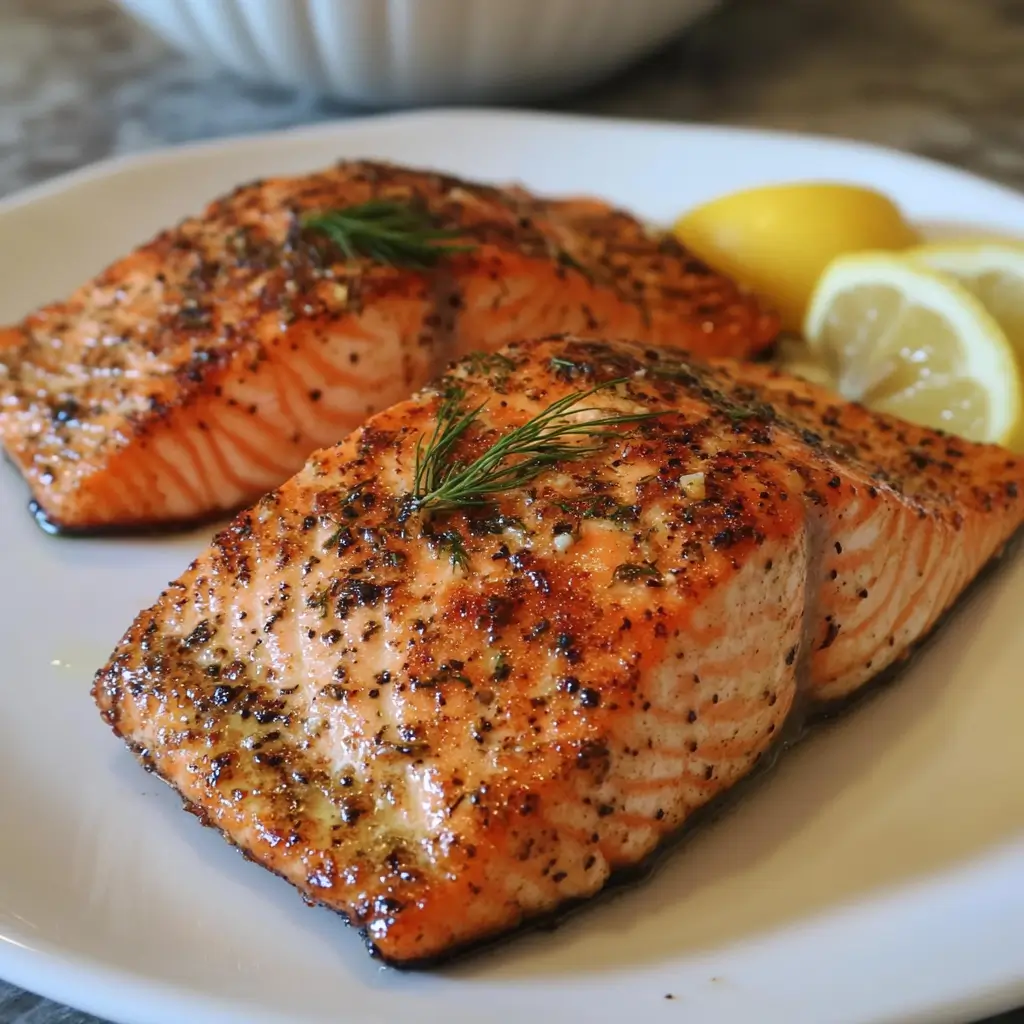 Alt Text: Two pieces of pan-seared salmon served on a white plate with lemon wedges and fresh dill garnish. Title: Pan-Seared Salmon Served with Lemon and Herbs Caption: Description: