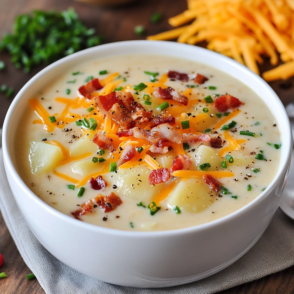 Bowl of creamy loaded baked potato soup topped with bacon bits, cheddar cheese, and chives.